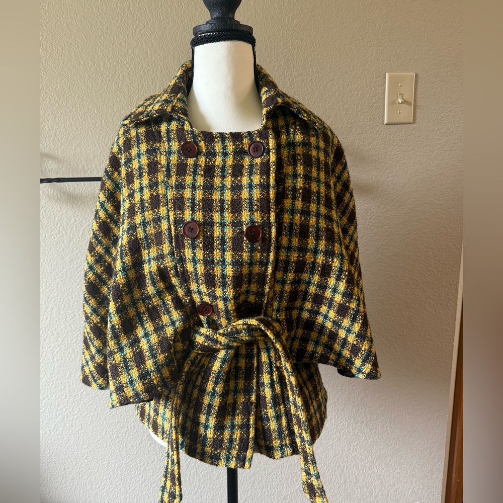 What Goes Around Comes Around Yellow and Black Plaid Cape coat